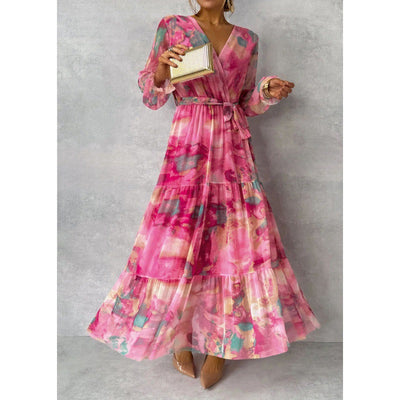 Jillian - Pleated V-Neck Boho Maxi Dress
