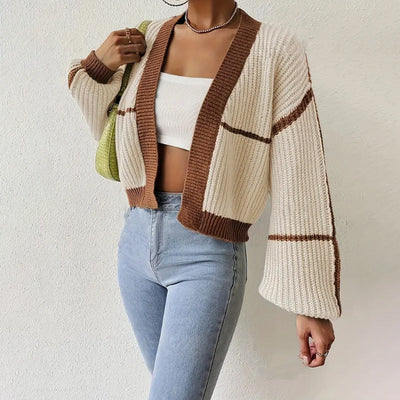 Women’s Knitted Cardigan – Cropped Fit – V-Neck – Ribbed – Balloon Sleeves – Open Front