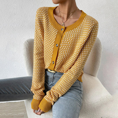 Women’s Cardigan – Button Front – Geometric Pattern – Ribbed Trim