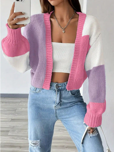 Women’s Knit Cardigan – Cropped Fit – Ribbed Texture – V-Neck – Oversized Sleeves