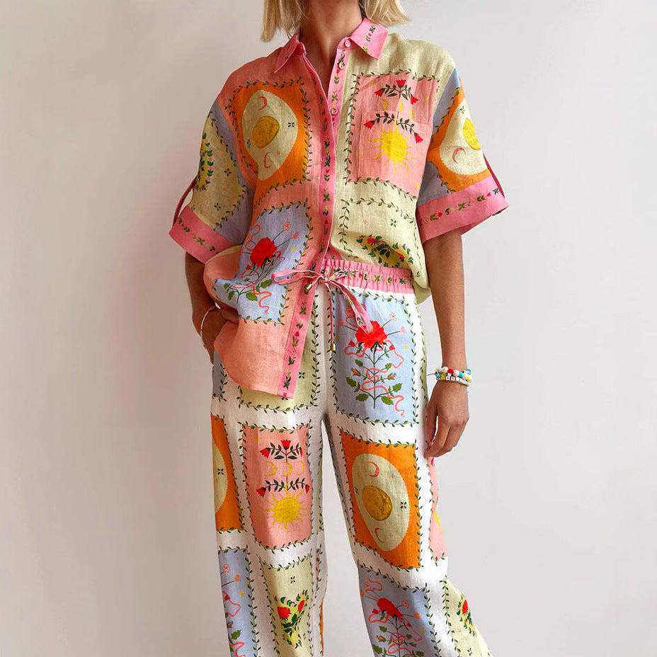 Women’s Cardigan – Linen – Relaxed Fit – Short Sleeve – Button-Up Boho Patchwork
