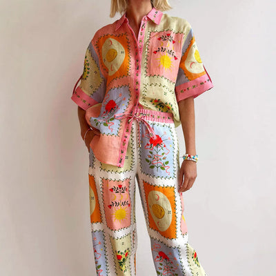 Women’s Cardigan – Linen – Relaxed Fit – Short Sleeve – Button-Up Boho Patchwork