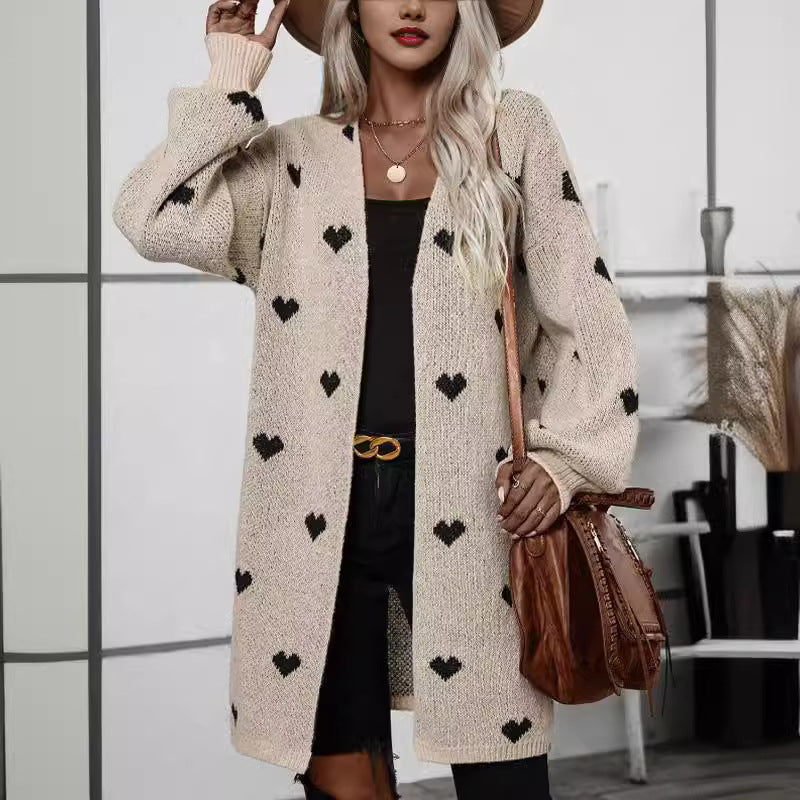 Women’s Long Knitted Cardigan – Oversized Fit – Heart Pattern – Open Front Casual Layer