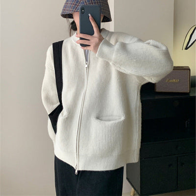 Women’s Knit Cardigan – Oversized Fit – Dual Zipper – Crew Neck