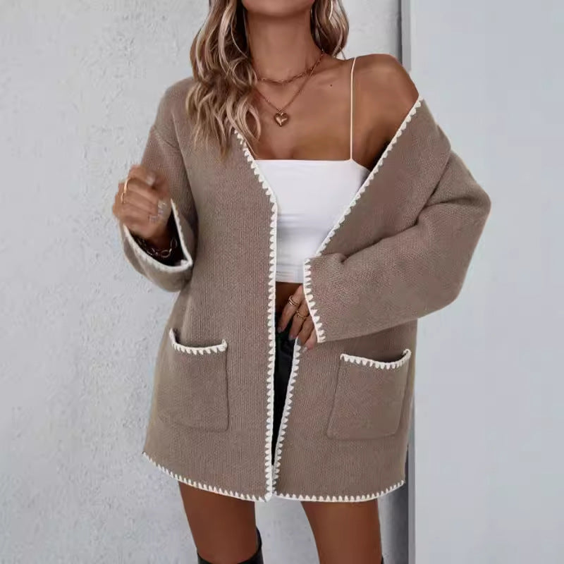Women’s Knitted Cardigan – Oversized Fit – Open Front – Ribbed Trim – Patch Pockets