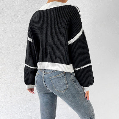Women’s Knitted Cardigan – Cropped Fit – V-Neck – Ribbed – Balloon Sleeves – Open Front