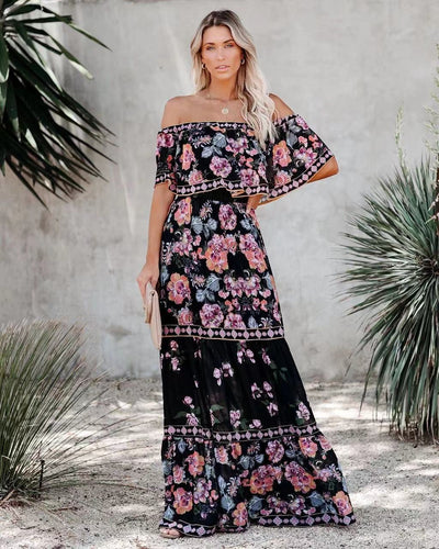 Layla - Printed Lace-Up Waist Long Dress