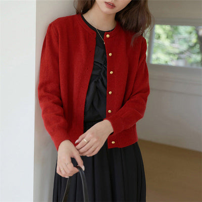 Women's Knitted Cardigan - Retro Round Neck - Small Gold Button Detail