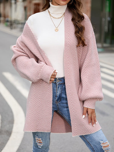 Women’s Knit Cardigan – Relaxed Fit – Open Front – Long Sleeve – Herringbone Pattern