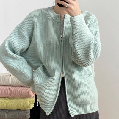 Women’s Knit Cardigan – Oversized Fit – Dual Zipper – Crew Neck