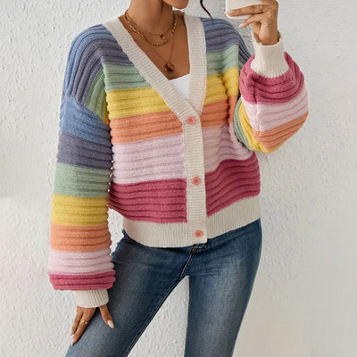 Women’s Knit Cardigan – Oversized Fit – Chunky Ribbed Texture – V-Neck – Striped Pattern
