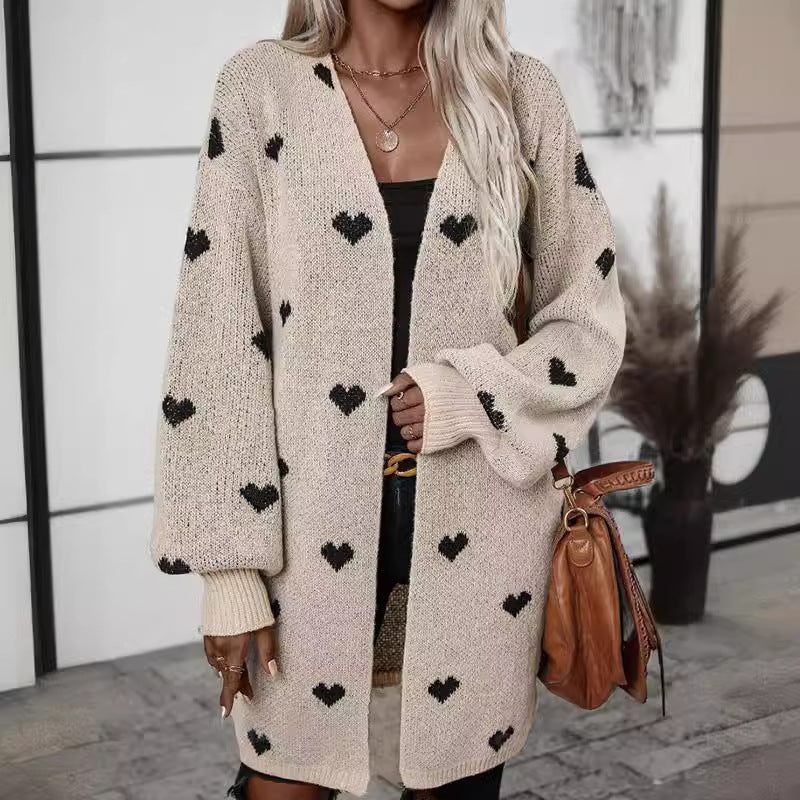 Women’s Long Knitted Cardigan – Oversized Fit – Heart Pattern – Open Front Casual Layer
