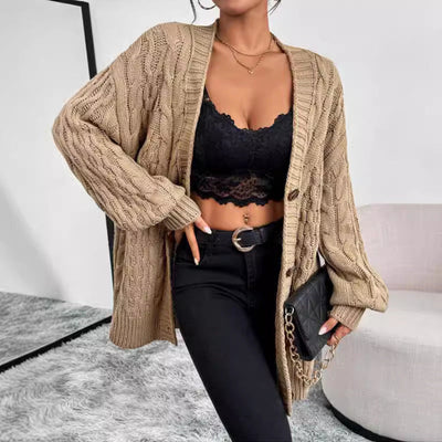 Women’s Knitted Cardigan – Oversized Fit – V-Neck – Button Front – Long Sleeve