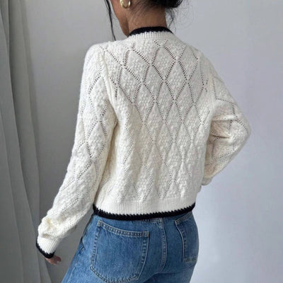 Women’s Cropped Cardigan – Bow Tie Front – Contrast Trim – Casual Fit