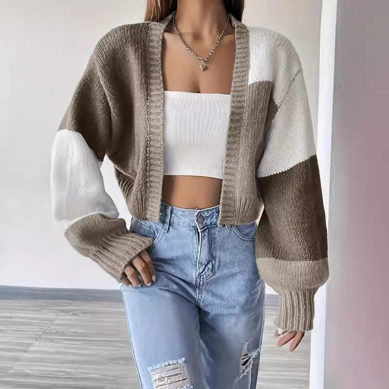 Women’s Knit Cardigan – Cropped Fit – Ribbed Texture – V-Neck – Oversized Sleeves