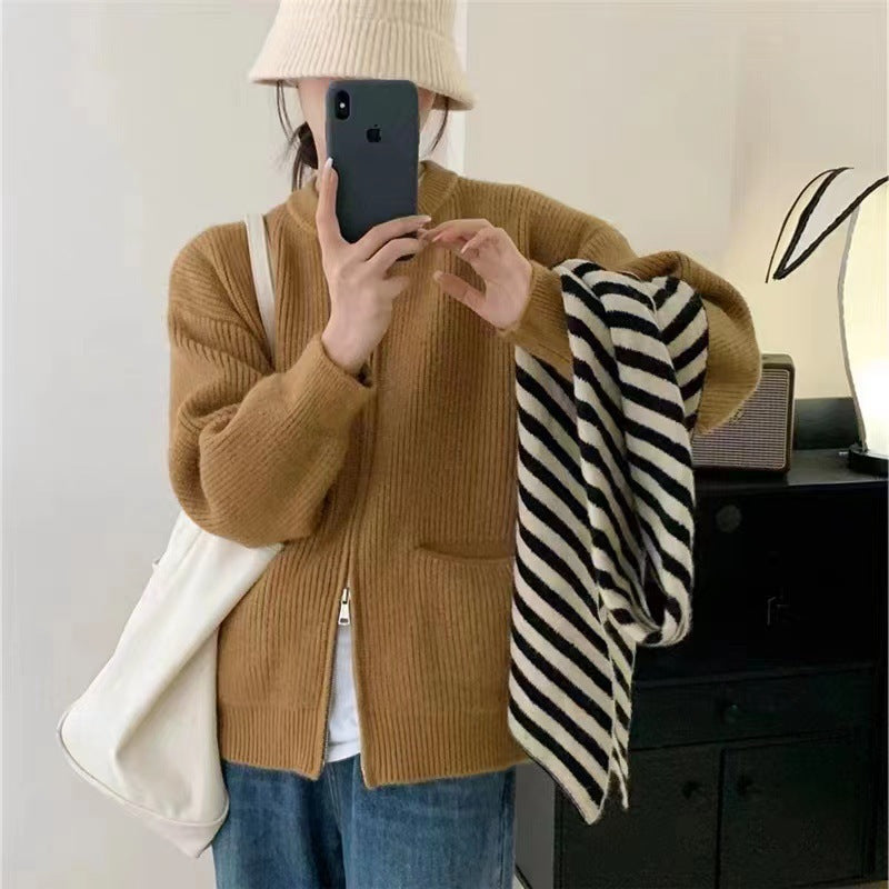 Women’s Knit Cardigan – Oversized Fit – Dual Zipper – Crew Neck