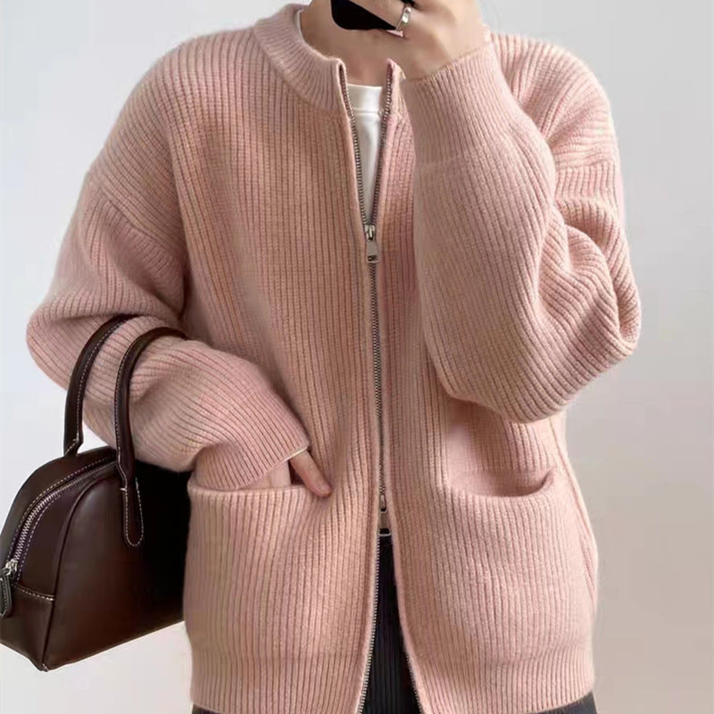 Women’s Knit Cardigan – Oversized Fit – Dual Zipper – Crew Neck