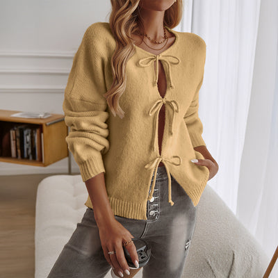 Women’s Cardigan – Knit – Relaxed Fit – Tie Front – Ribbed Trim Casual Layer