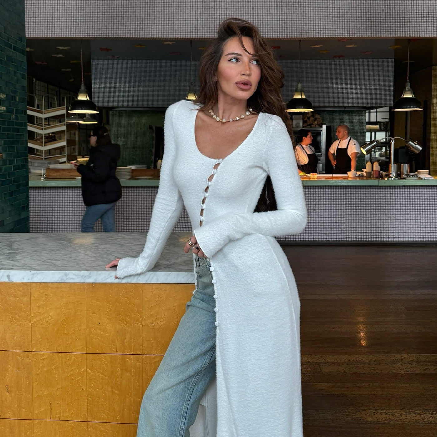 Women’s Knit Cardigan – Slim Fit – Maxi Length – Button Front – Scoop Neck
