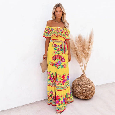Layla - Printed Lace-Up Waist Long Dress