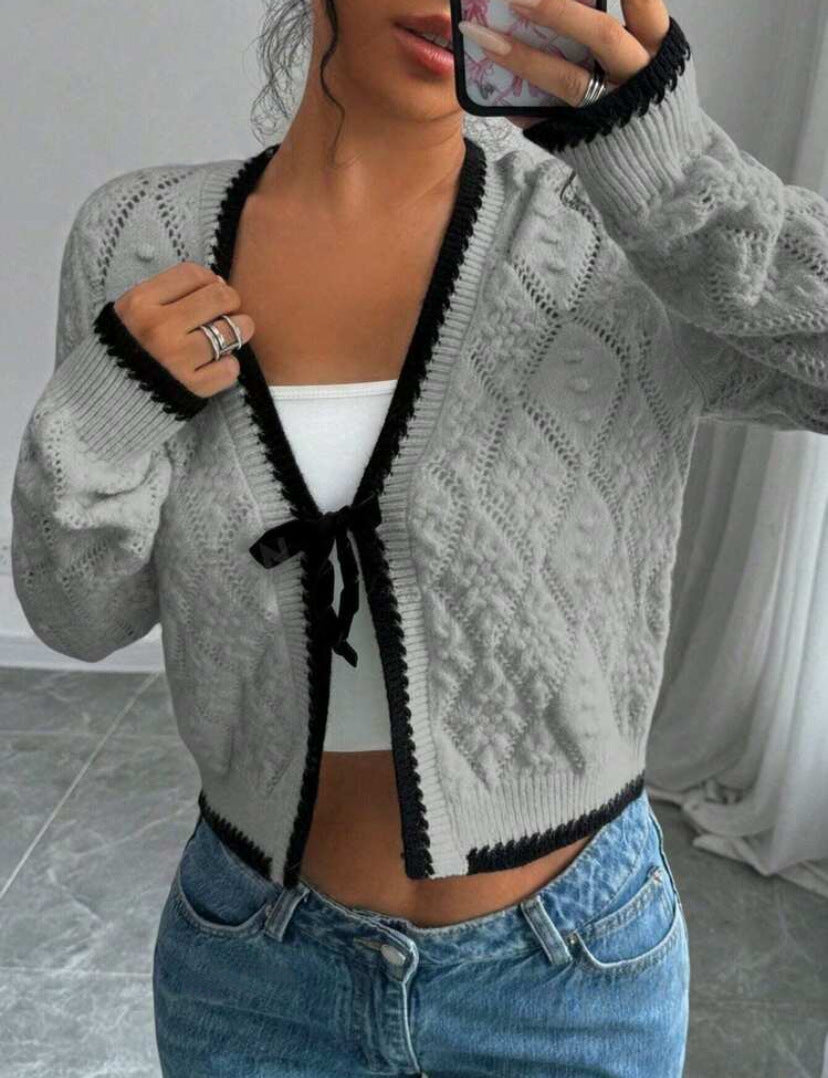 Women’s Cropped Cardigan – Bow Tie Front – Contrast Trim – Casual Fit