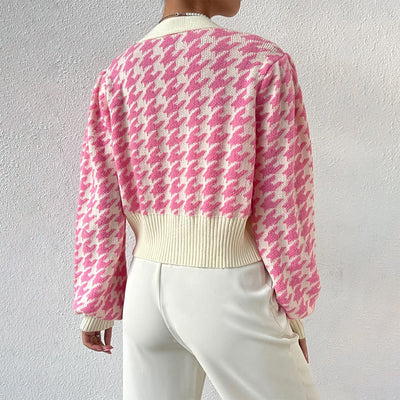 Women’s Knitted Cardigan – Houndstooth Pattern – Cropped Fit – Balloon Sleeve – V-Neck