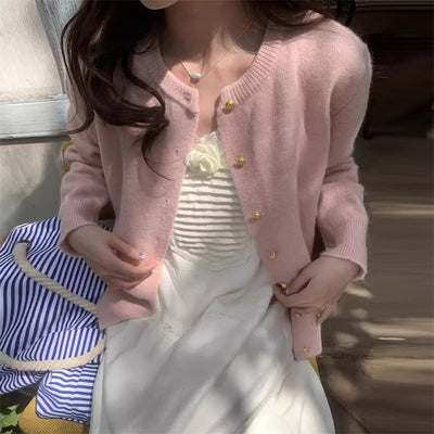 Women's Knitted Cardigan - Retro Round Neck - Small Gold Button Detail