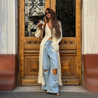 Women’s Long Cardigan – Oversized Fit – Knitted – Ruffle Hem – Flared Sleeves – Open Front