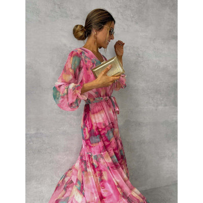 Jillian - Pleated V-Neck Boho Maxi Dress