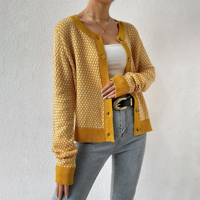 Women’s Cardigan – Button Front – Geometric Pattern – Ribbed Trim
