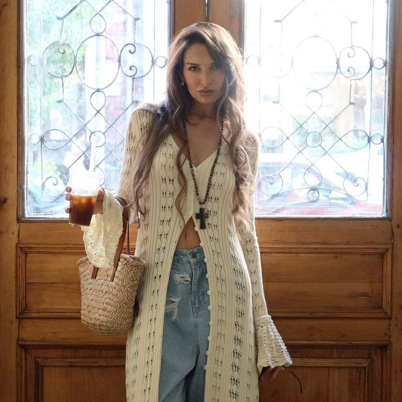 Women’s Long Cardigan – Oversized Fit – Knitted – Ruffle Hem – Flared Sleeves – Open Front