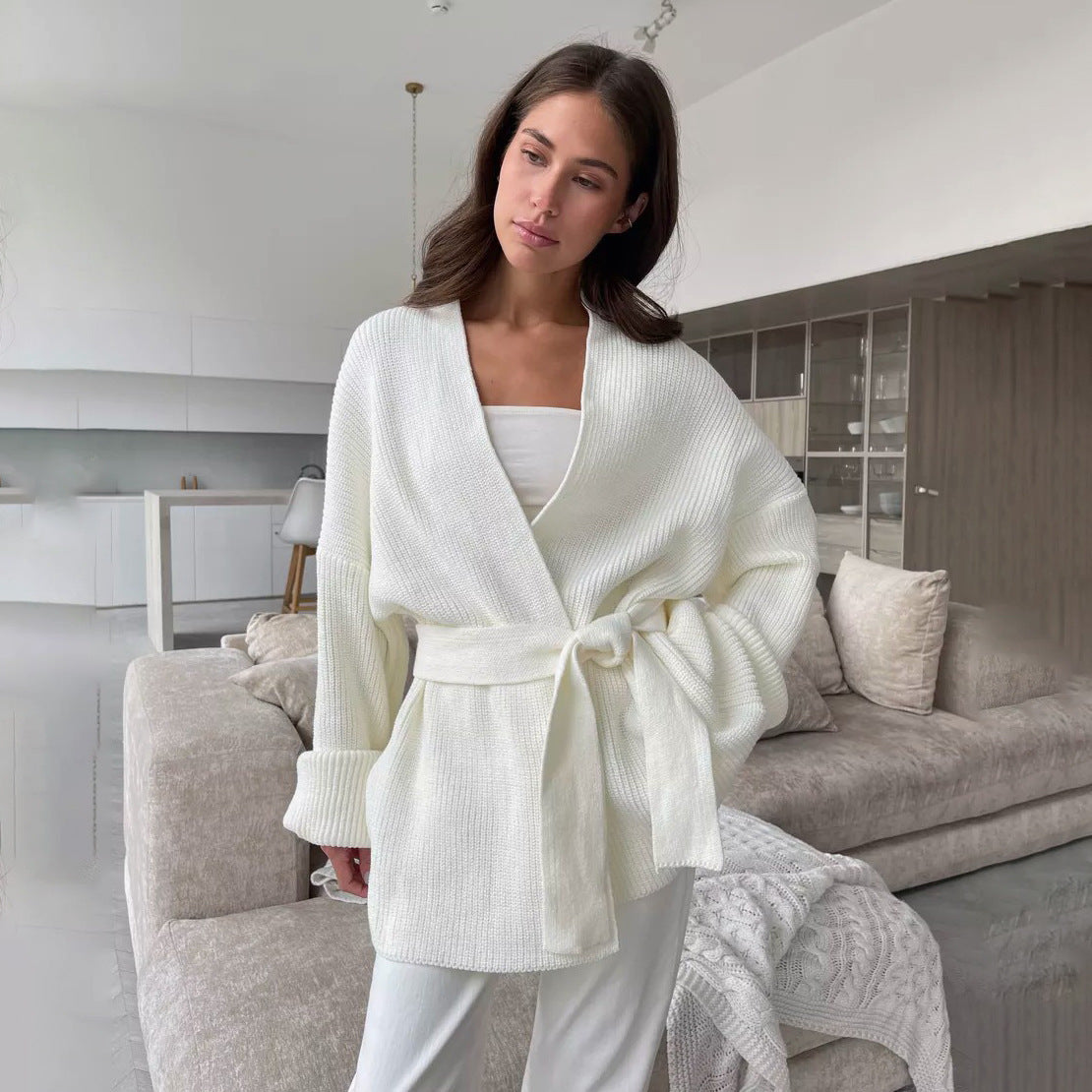 Women’s Knitted Cardigan – Oversized Fit – Ribbed Texture – Tie Waist – V-Neck