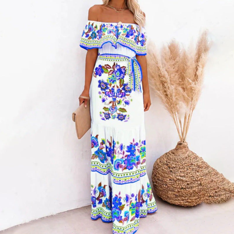Layla - Printed Lace-Up Waist Long Dress