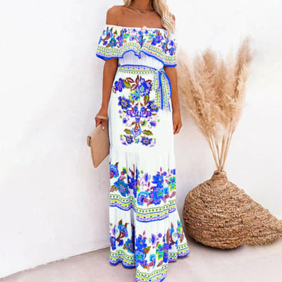 Layla - Printed Lace-Up Waist Long Dress