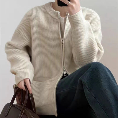 Women’s Knit Cardigan – Oversized Fit – Dual Zipper – Crew Neck