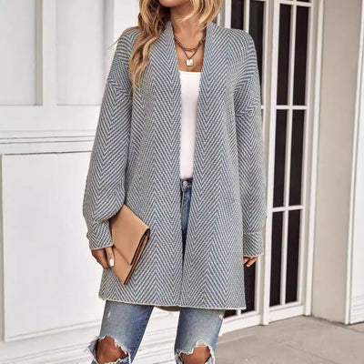 Women’s Knit Cardigan – Relaxed Fit – Open Front – Long Sleeve – Herringbone Pattern