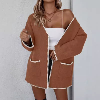 Women’s Knitted Cardigan – Oversized Fit – Open Front – Ribbed Trim – Patch Pockets