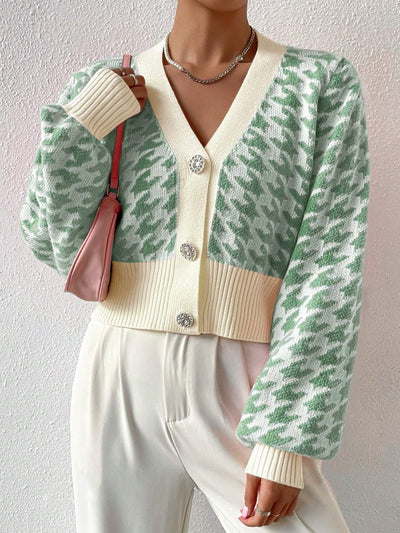 Women’s Knitted Cardigan – Houndstooth Pattern – Cropped Fit – Balloon Sleeve – V-Neck