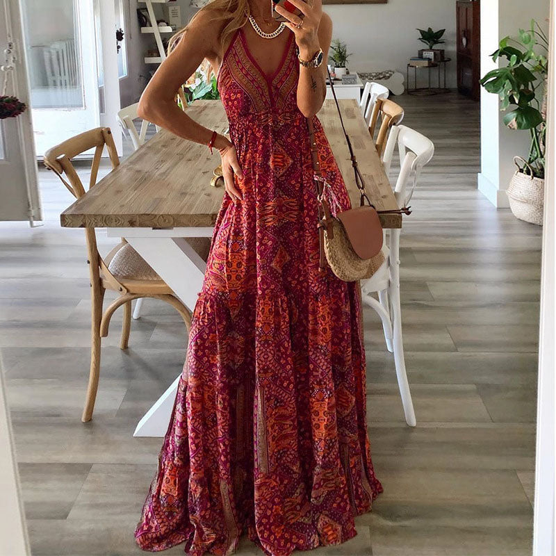 Emerson - Boho Spaghetti Strap V-Neck Maxi Dress