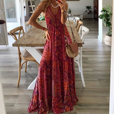 Emerson - Boho Spaghetti Strap V-Neck Maxi Dress