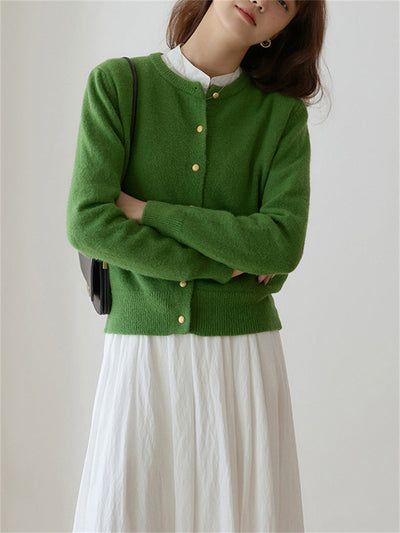 Women's Knitted Cardigan - Retro Round Neck - Small Gold Button Detail