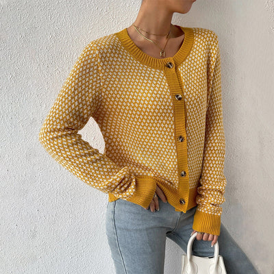 Women’s Cardigan – Button Front – Geometric Pattern – Ribbed Trim