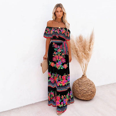 Layla - Printed Lace-Up Waist Long Dress