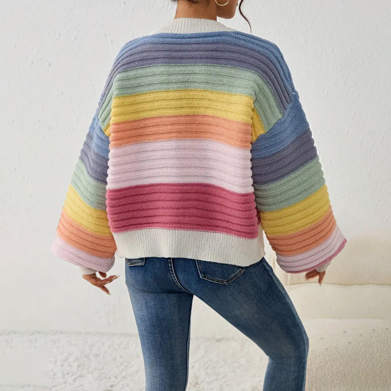 Women’s Knit Cardigan – Oversized Fit – Chunky Ribbed Texture – V-Neck – Striped Pattern
