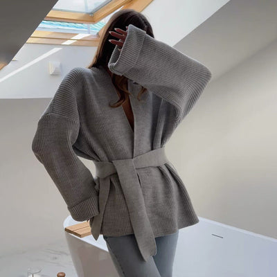 Women’s Knitted Cardigan – Oversized Fit – Ribbed Texture – Tie Waist – V-Neck