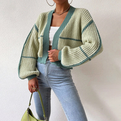 Women’s Knitted Cardigan – Cropped Fit – V-Neck – Ribbed – Balloon Sleeves – Open Front