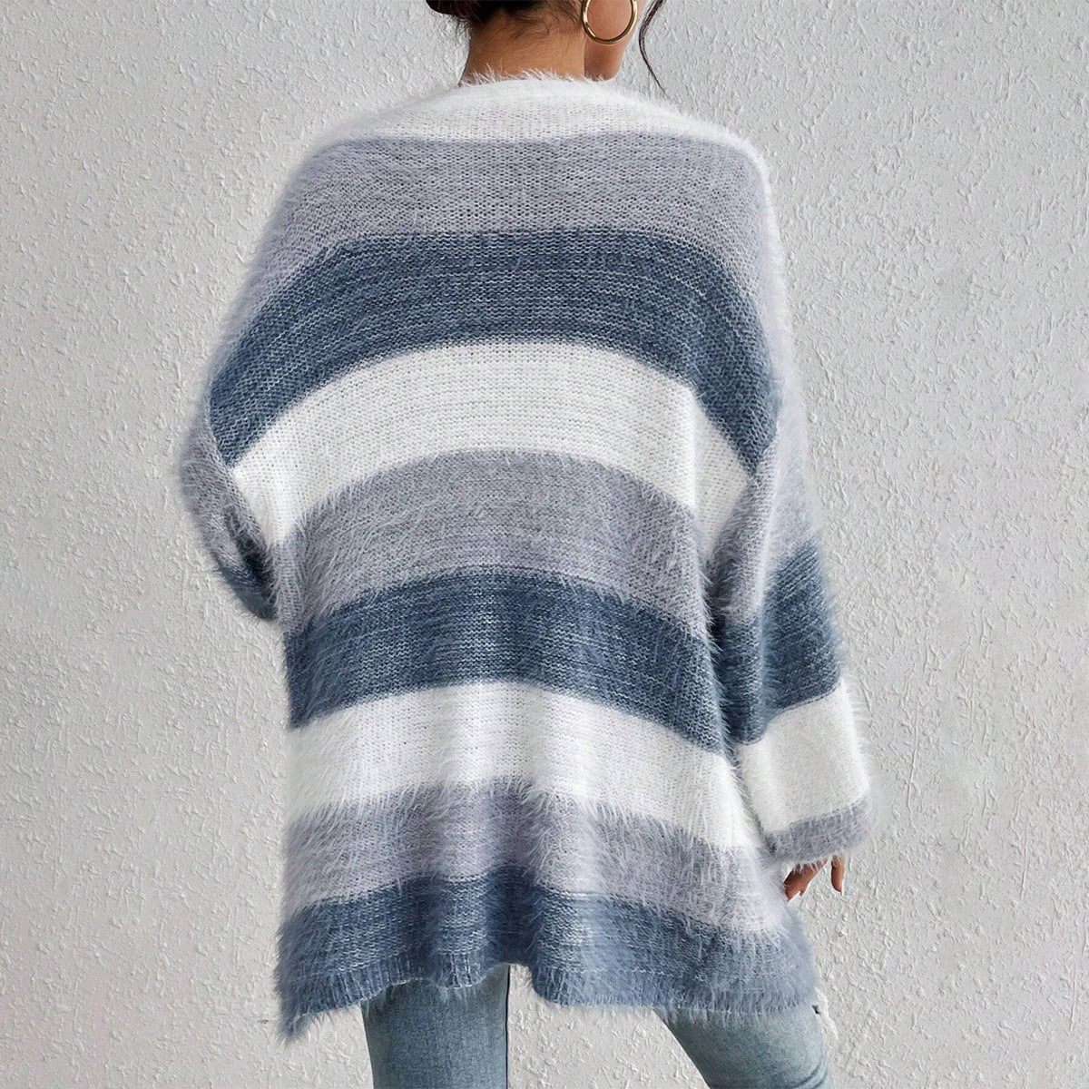 Women’s Knit Cardigan – Oversized Fit  – Open Front – Stripe Design