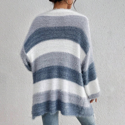 Women’s Knit Cardigan – Oversized Fit  – Open Front – Stripe Design