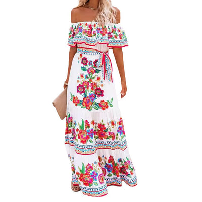 Layla - Printed Lace-Up Waist Long Dress