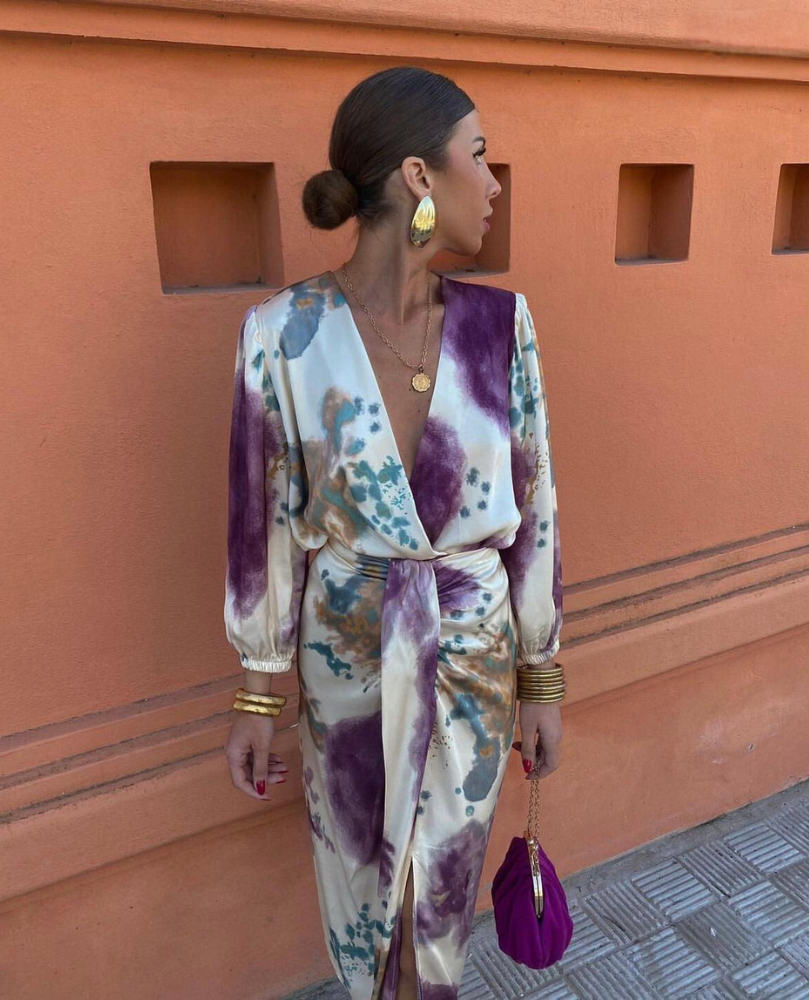 Megan - Elegant V-Neck Long Sleeve Split Maxi Dress